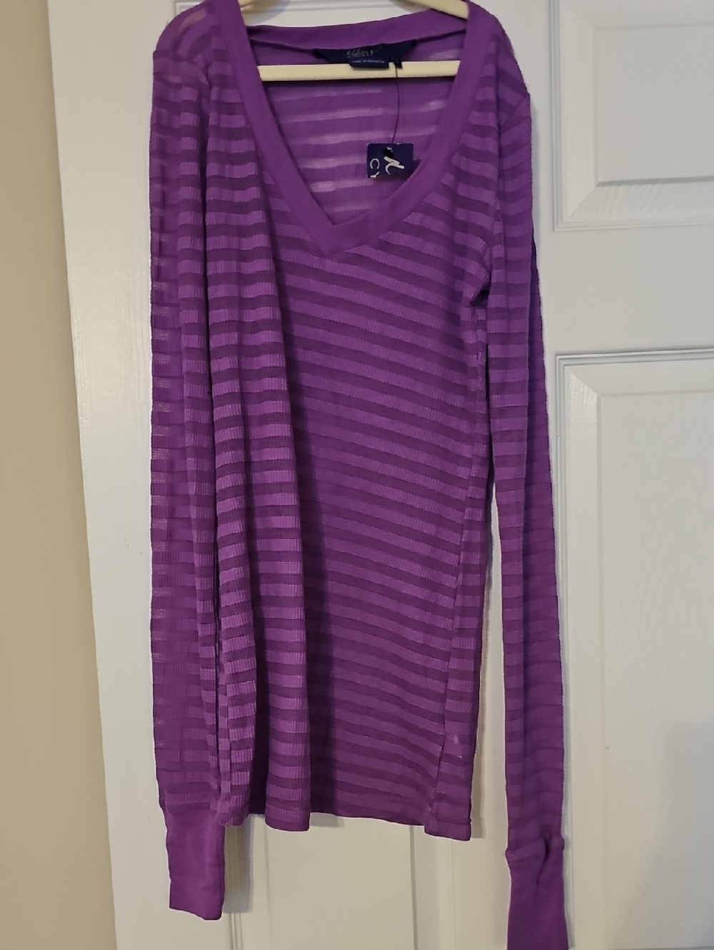Miley Cyrus & Max Azria Sheer Stripe V-Neck Sweater in Purple